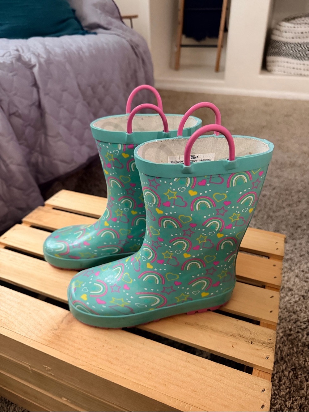 Western Chief Turquoise Kids Rain Boots with Pink Handles and Rainbow Print